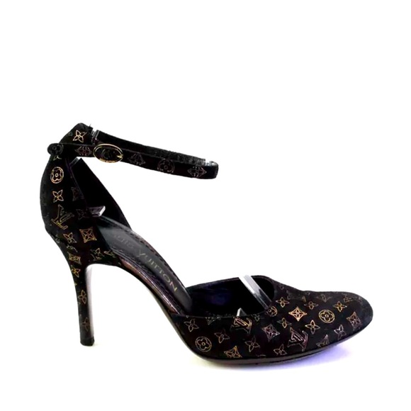 LOUIS VUITTON BLACK SUEDE HEELS METALLIC GOLD LV LOGO PRINT IT SIZE 37 - Picture 2 of 10